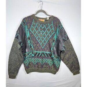 Vintage JUICE Geometric Knit Sweater Leather Elbow Patches Sz M 90s Cosby